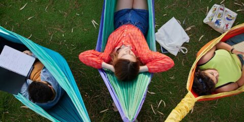 Curtin student resting in hammock on Perth campus.