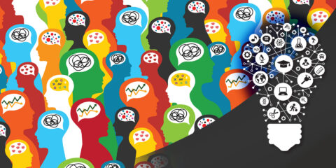 A colourful background of people in silhouette with different thought bubbles. A lightbulb constructed of different education icons is in the foreground.