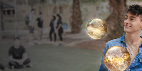Student surrounded by orbs at Open Day