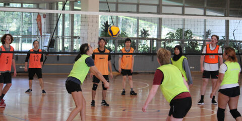 Students playing volleyball at Curtin Stadium.