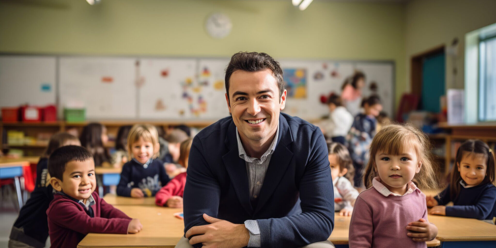 A male teacher leans over a desk and smiles in a classroom with young children sitting at their desks behind him.