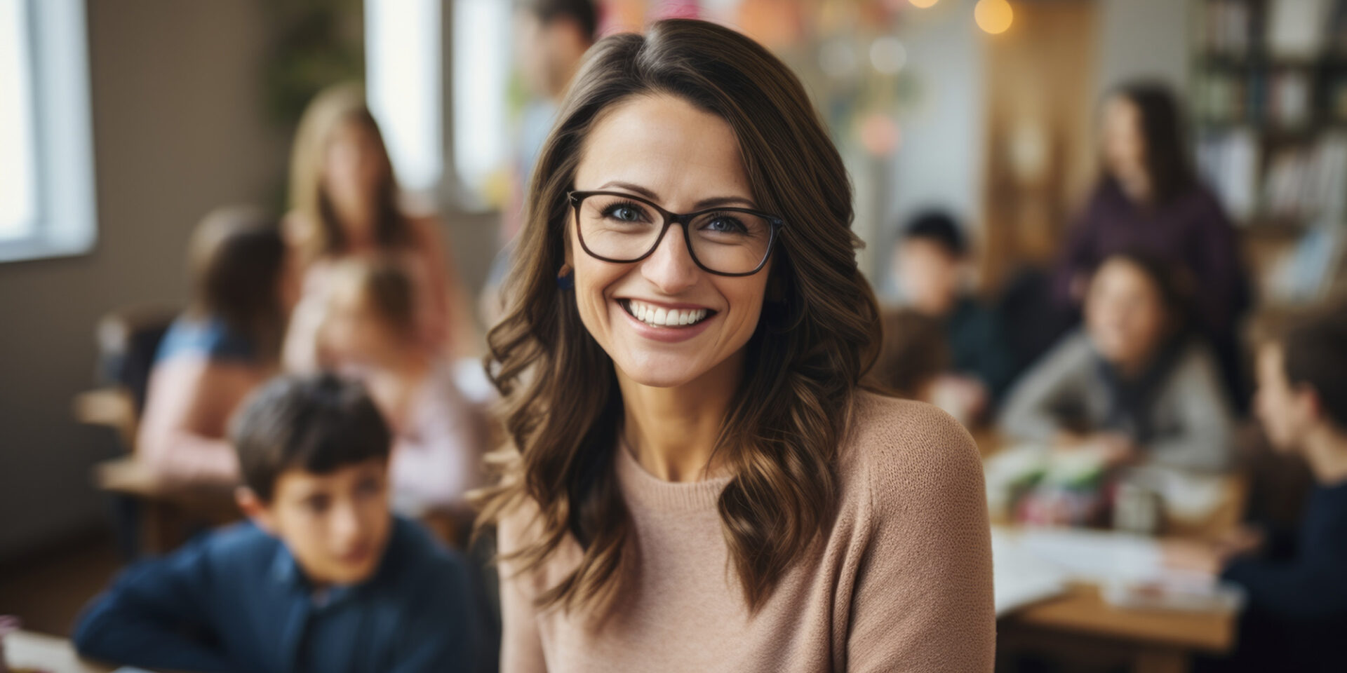 A female teacher smiles at the camera whilst working in a classroom with children behind her. This image was AI-Generated.