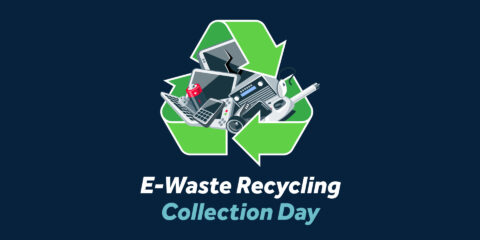 E-Waste graphic on blue background.