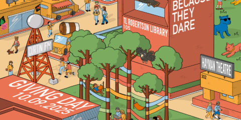 Giving Day graphic artwork of Curtin Perth campus.