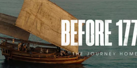 Traditional sailing vessel on the ocean with “Before 1770” film title overlaid.