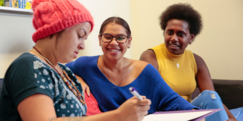 Three students chatting