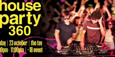 DJs performing at House Party 360 with a crowd dancing.